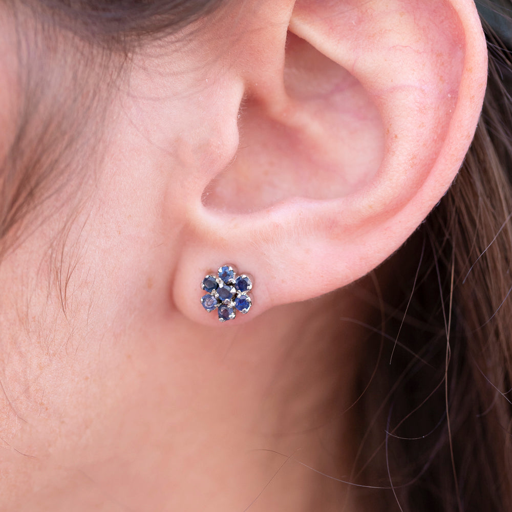 Vintage Blue Sapphire Cluster Earrings in 14K White Gold