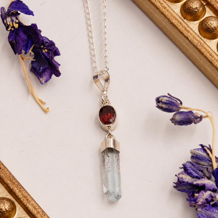 Garnet & Raw Aquamarine Necklace in Sterling Silver