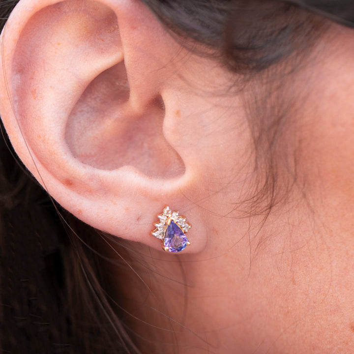 Vintage Tanzanite & Diamond Crown Stud Earrings in 14K Yellow Gold