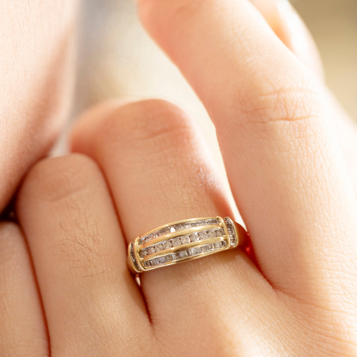 Vintage Three Row Diamond Ring in 10K Yellow Gold