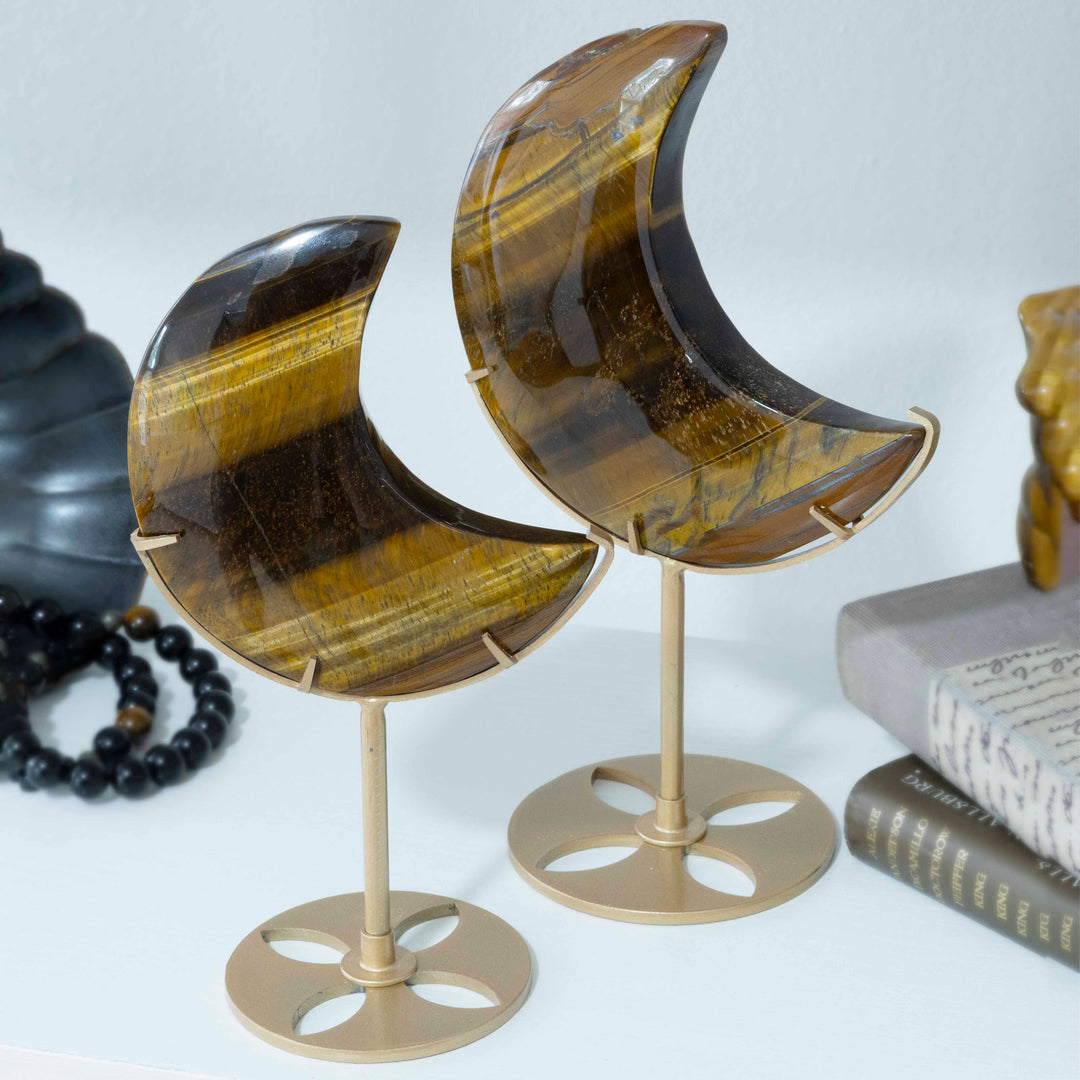 Tigers Eye Crescent Moon on Gold Tone Stand