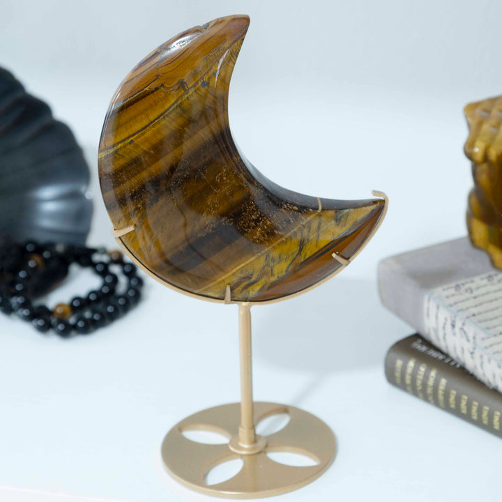 Tigers Eye Crescent Moon on Gold Tone Stand