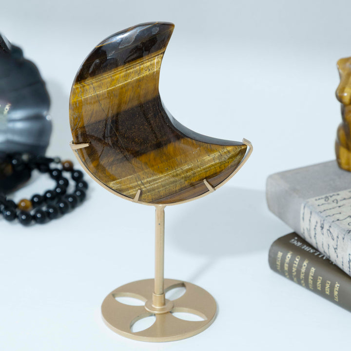 Tigers Eye Crescent Moon on Gold Tone Stand