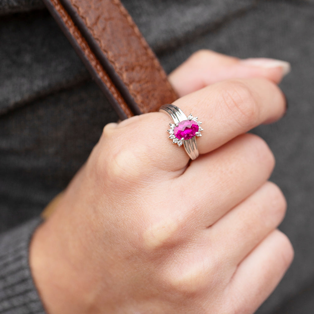 Vintage Pink Tourmaline & Diamond Ring in 14K White Gold
