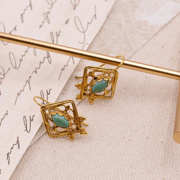 Vintage Turquoise Filigree Dangle Earrings in 14K Yellow Gold