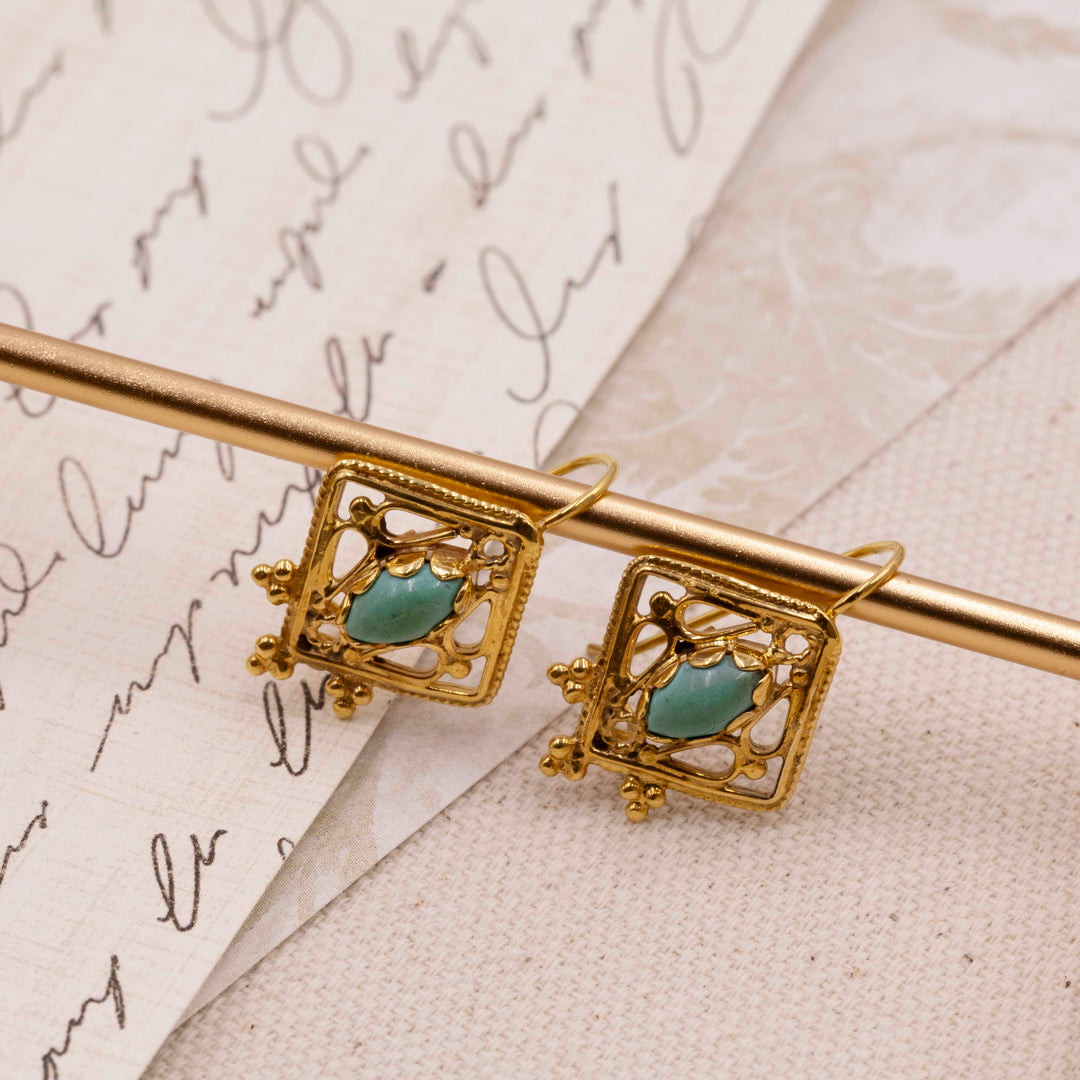 Vintage Turquoise Filigree Dangle Earrings in 14K Yellow Gold