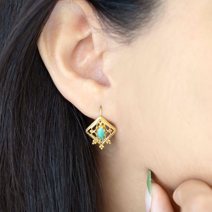 Vintage Turquoise Filigree Dangle Earrings in 14K Yellow Gold