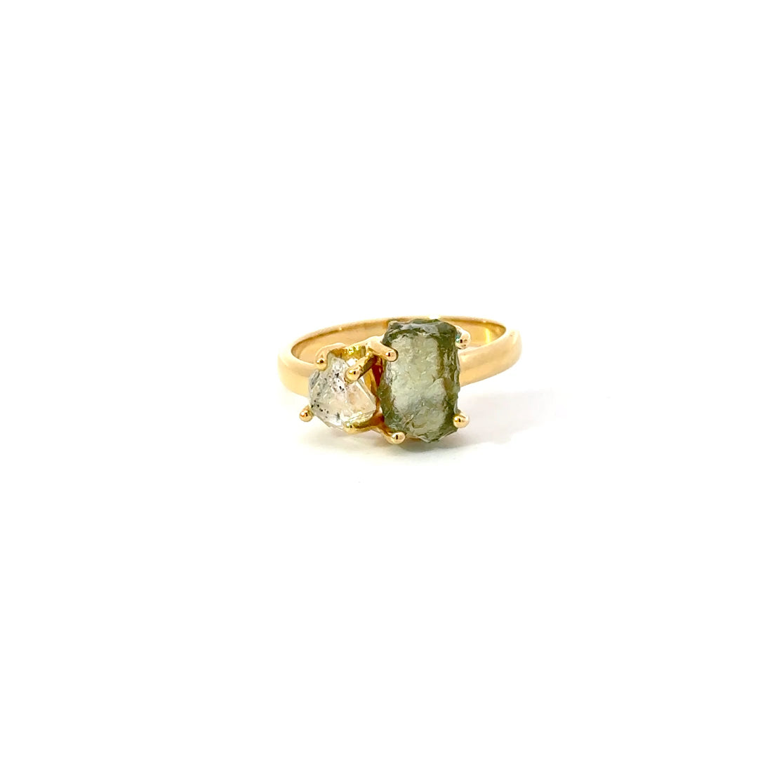 Raw Moldavite & Herkimer Quartz Rings in 18K Gold over Sterling Silver