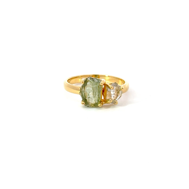 Raw Moldavite & Herkimer Quartz Rings in 18K Gold over Sterling Silver