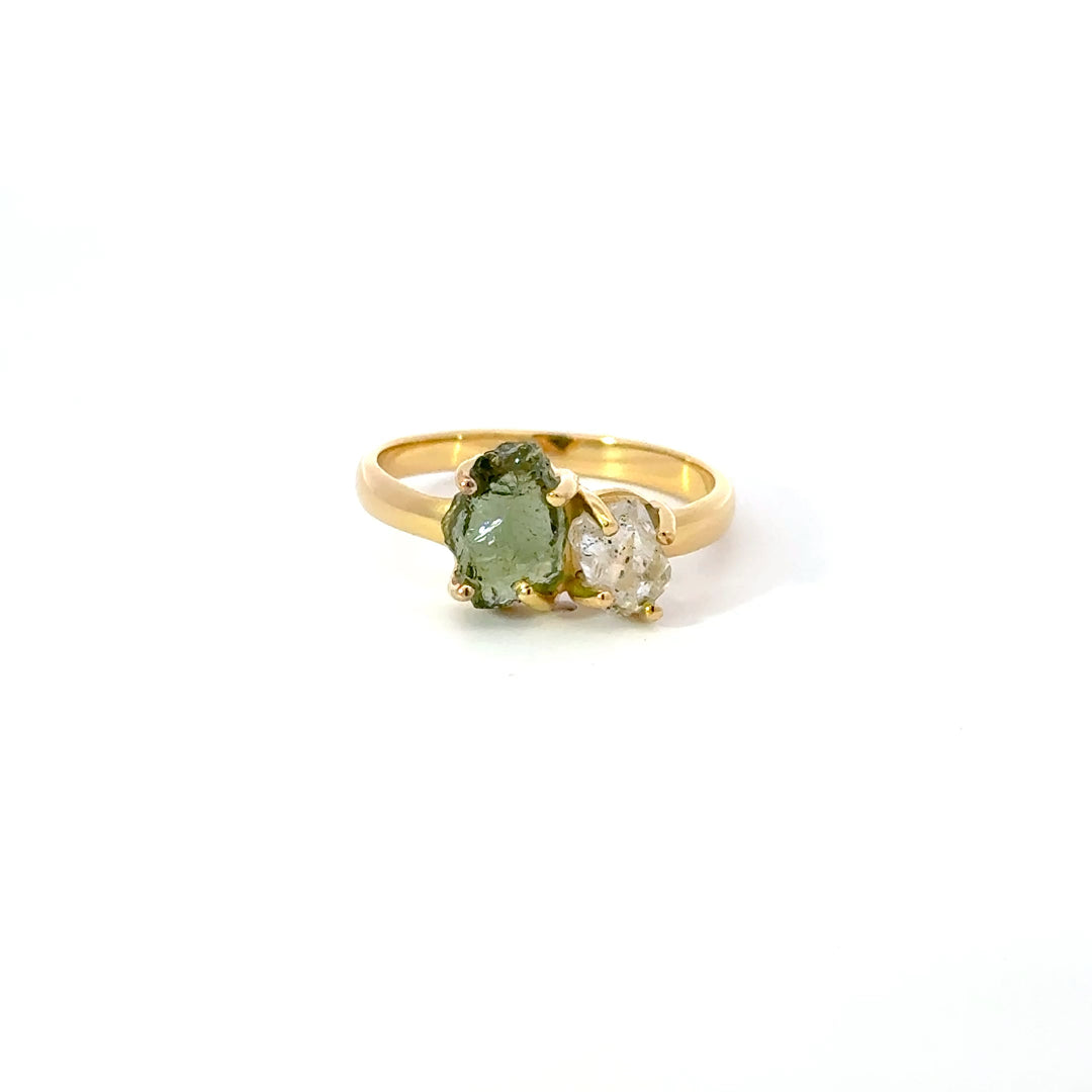 Raw Moldavite & Herkimer Quartz Rings in 18K Gold over Sterling Silver