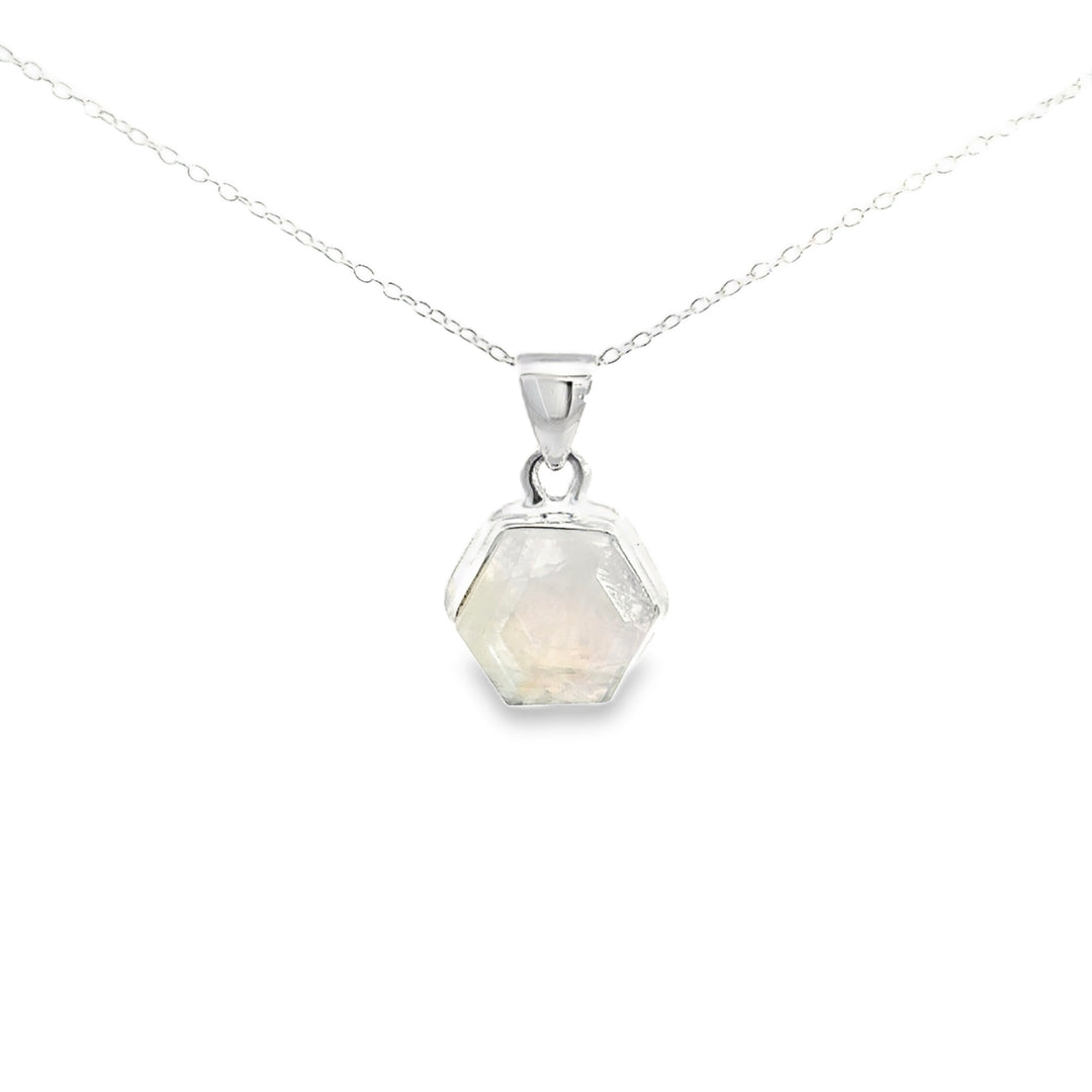 Faceted Bezel Set Rainbow Moonstone Necklace in Sterling Silver