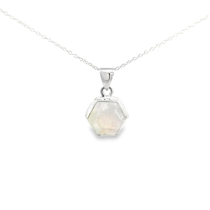 Faceted Bezel Set Rainbow Moonstone Necklace in Sterling Silver