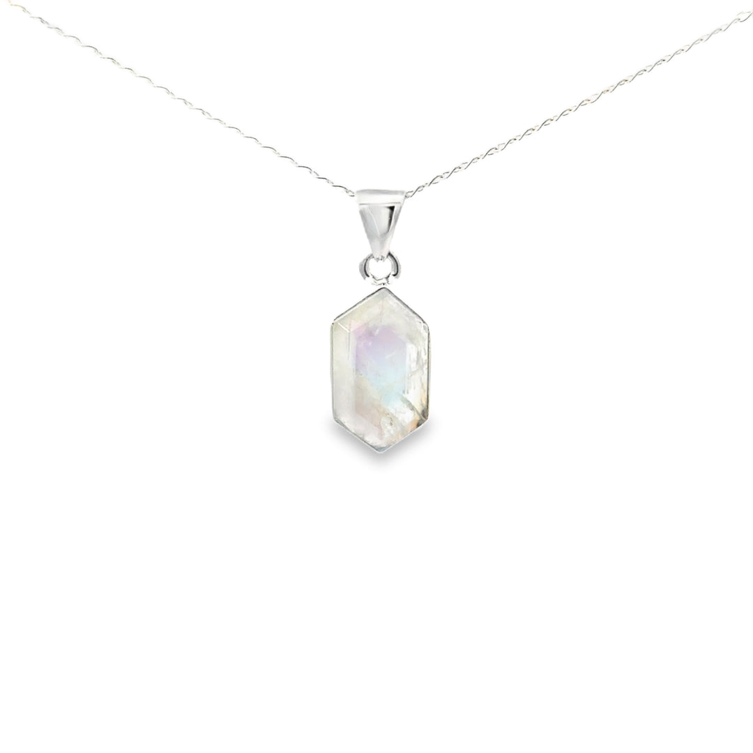 Faceted Bezel Set Rainbow Moonstone Necklace in Sterling Silver