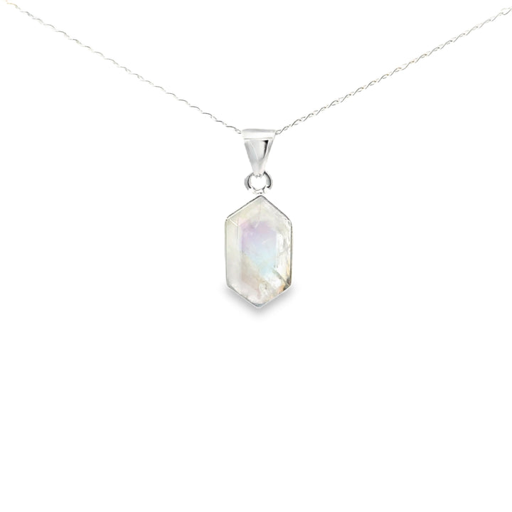 Faceted Bezel Set Rainbow Moonstone Necklace in Sterling Silver
