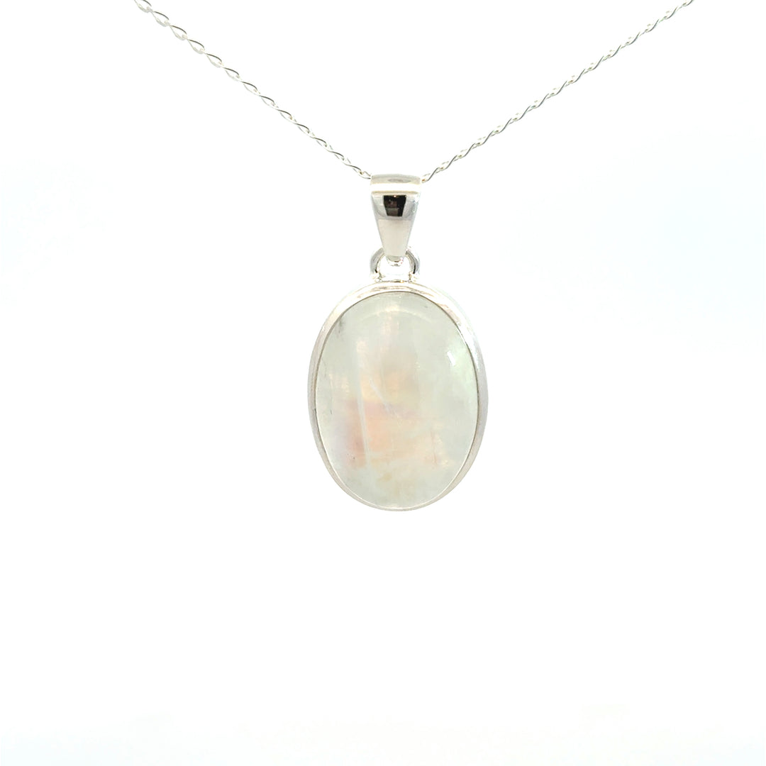 Bezel Set Rainbow Moonstone Necklace in Sterling Silver