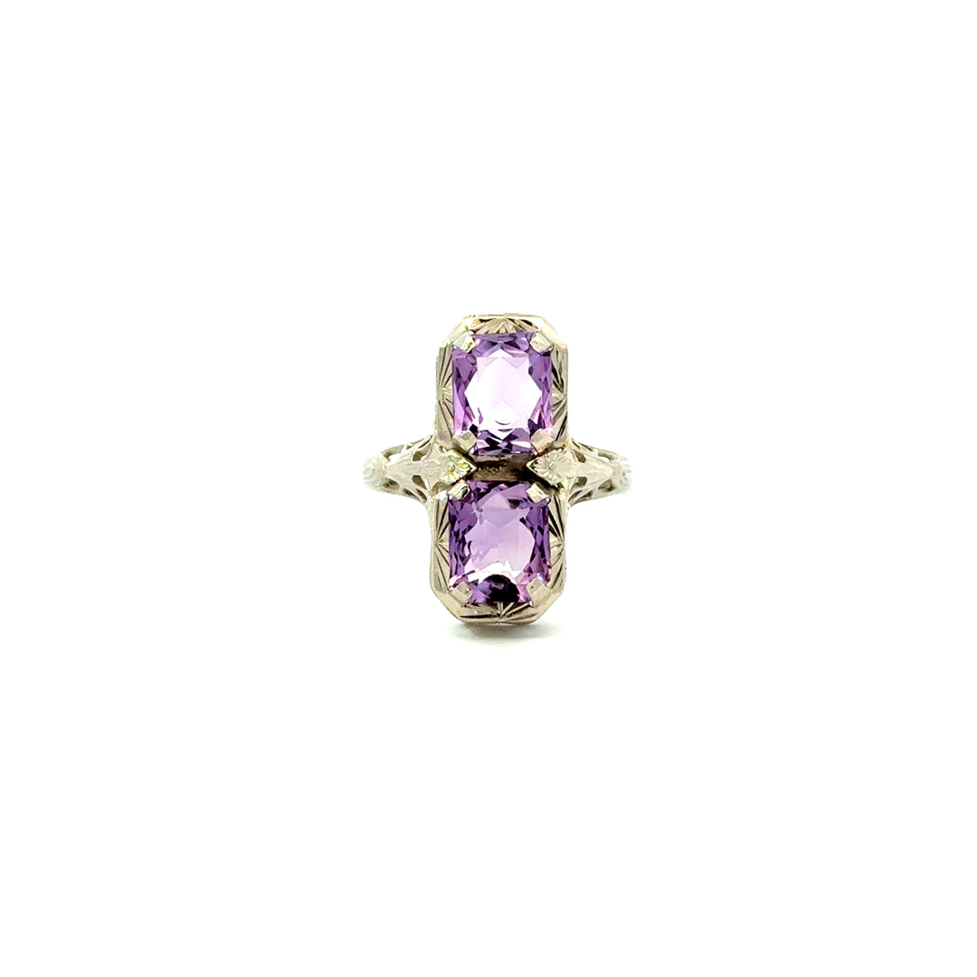 Vintage Two Stone Amethyst Filigree Ring in 14K White Gold
