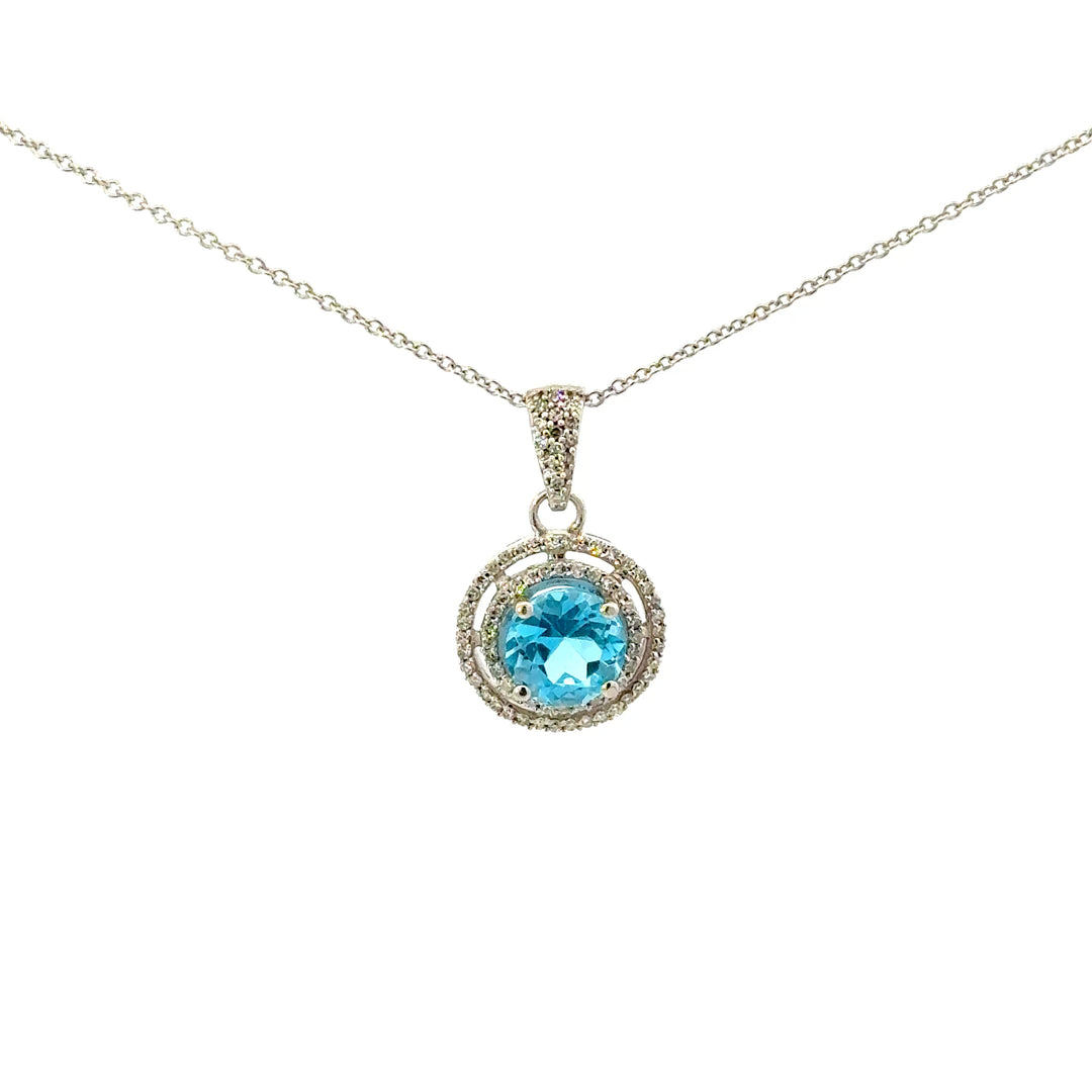 Vintage Blue Topaz & Diamond Necklace in 14K White Gold