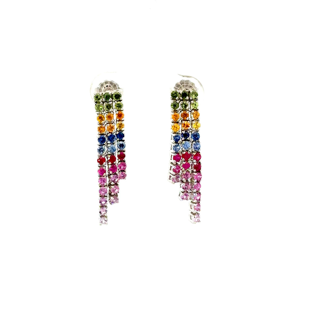 Vintage Multicolored Sapphire Fringe Dangle Earrings in 14K White Gold