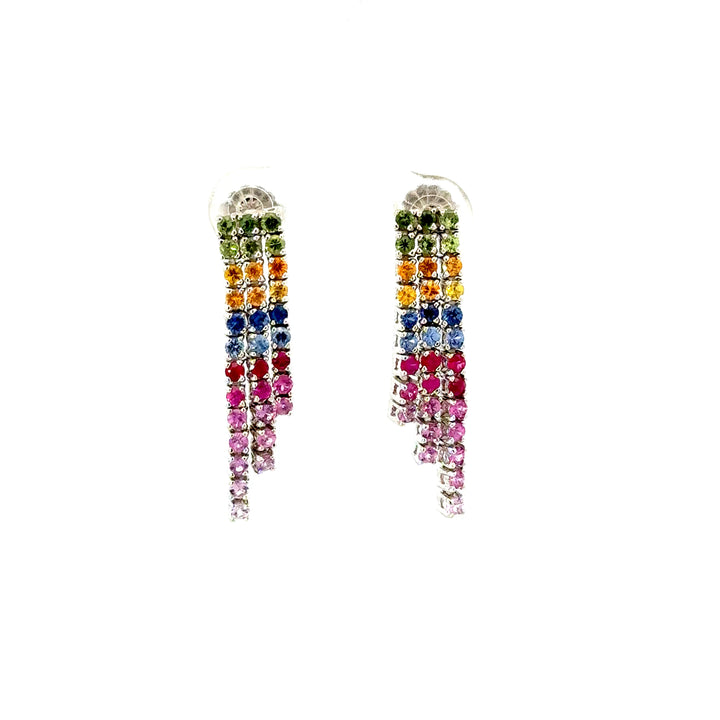 Vintage Multicolored Sapphire Fringe Dangle Earrings in 14K White Gold