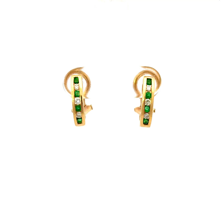 Vintage Emerald & Diamond J-Hoop Earrings in 14K Yellow Gold