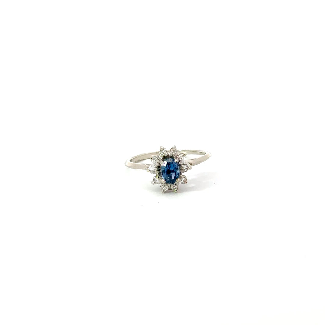 Vintage Sapphire & Diamond Halo Ring in 14K White Gold