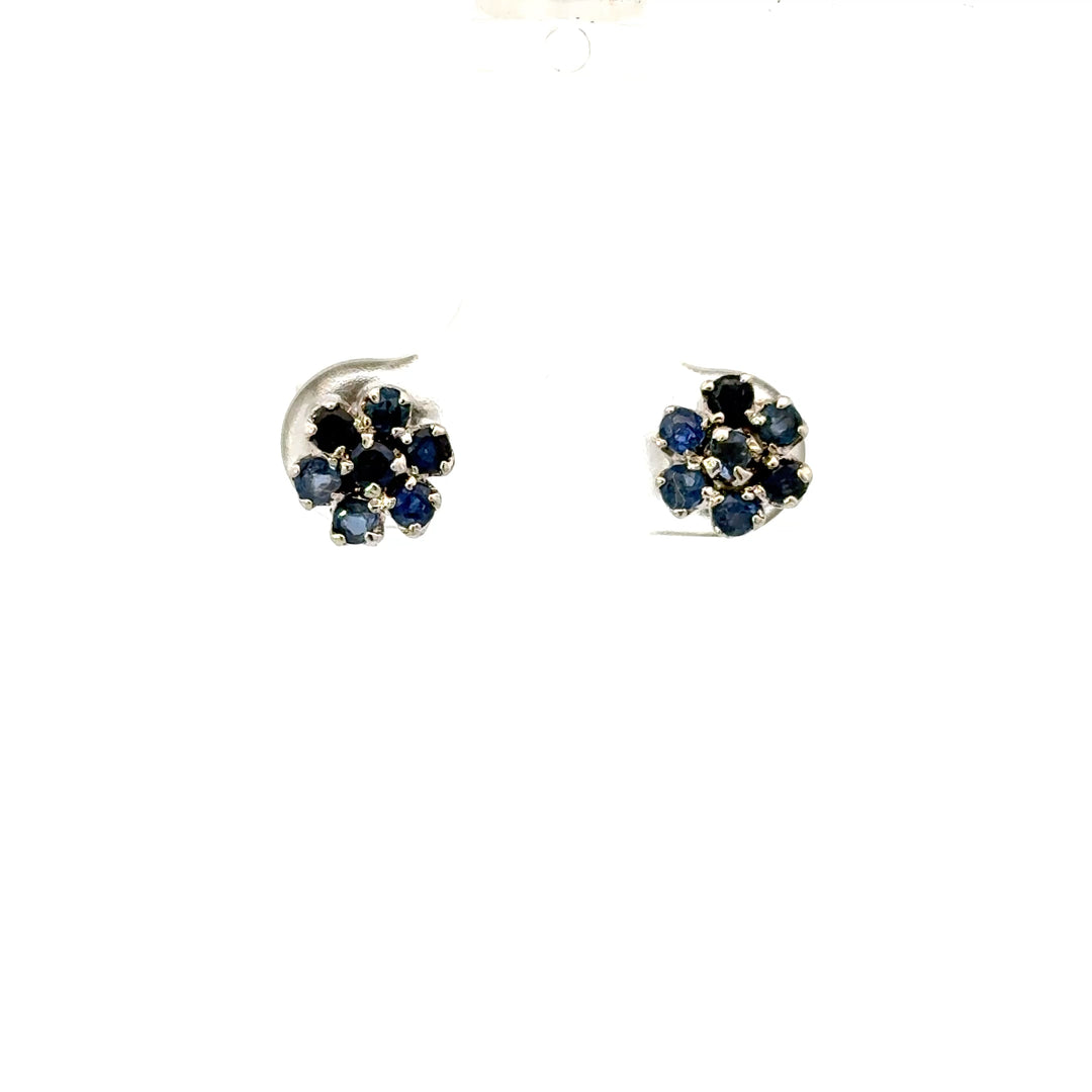 Vintage Blue Sapphire Cluster Earrings in 14K White Gold