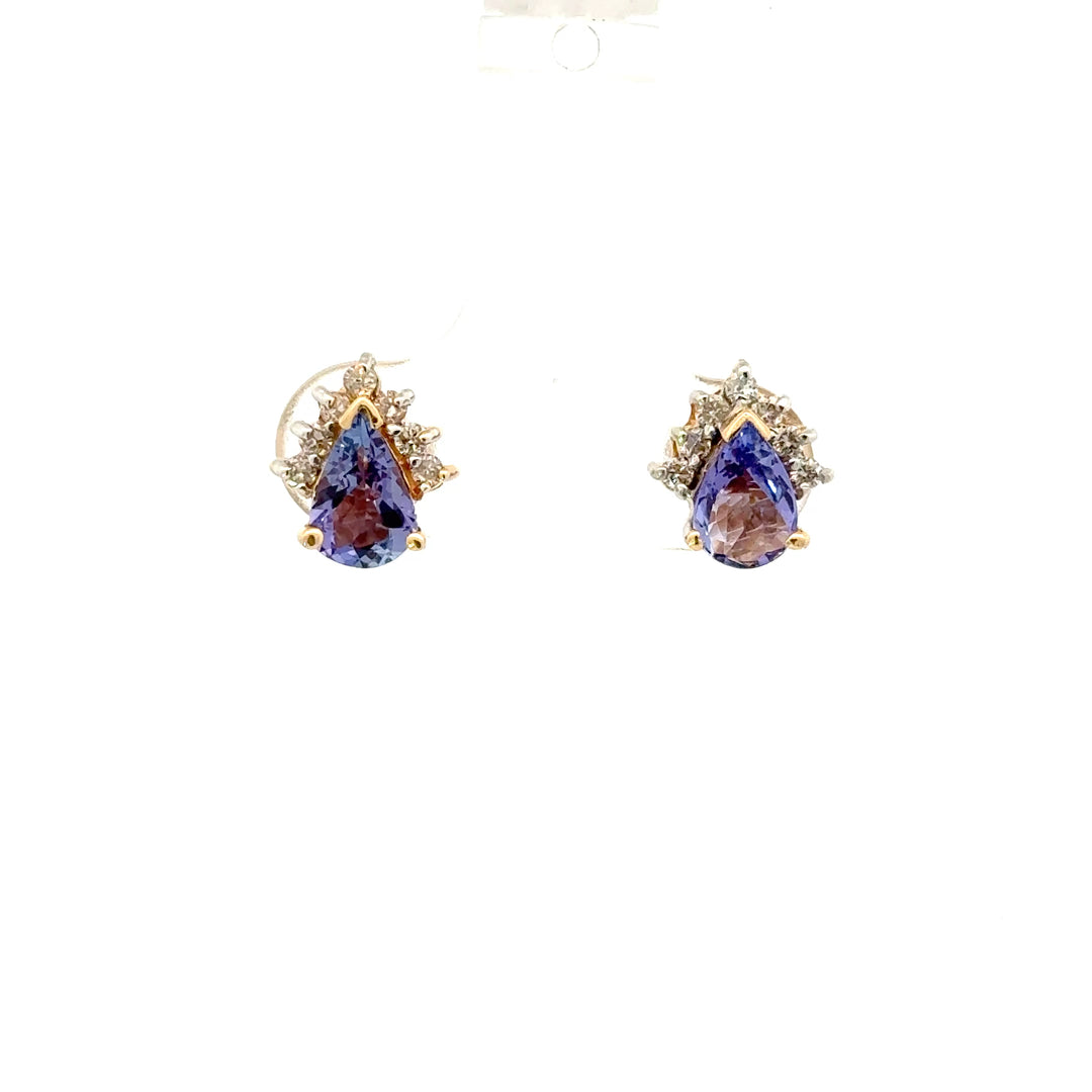 Vintage Tanzanite & Diamond Crown Stud Earrings in 14K Yellow Gold