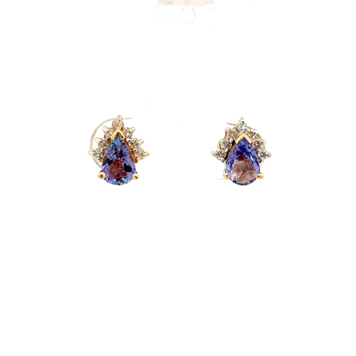 Vintage Tanzanite & Diamond Crown Stud Earrings in 14K Yellow Gold