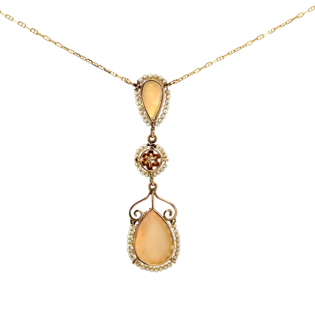 Vintage Opal, Pearl & Diamond Necklace in 10/14K Yellow Gold