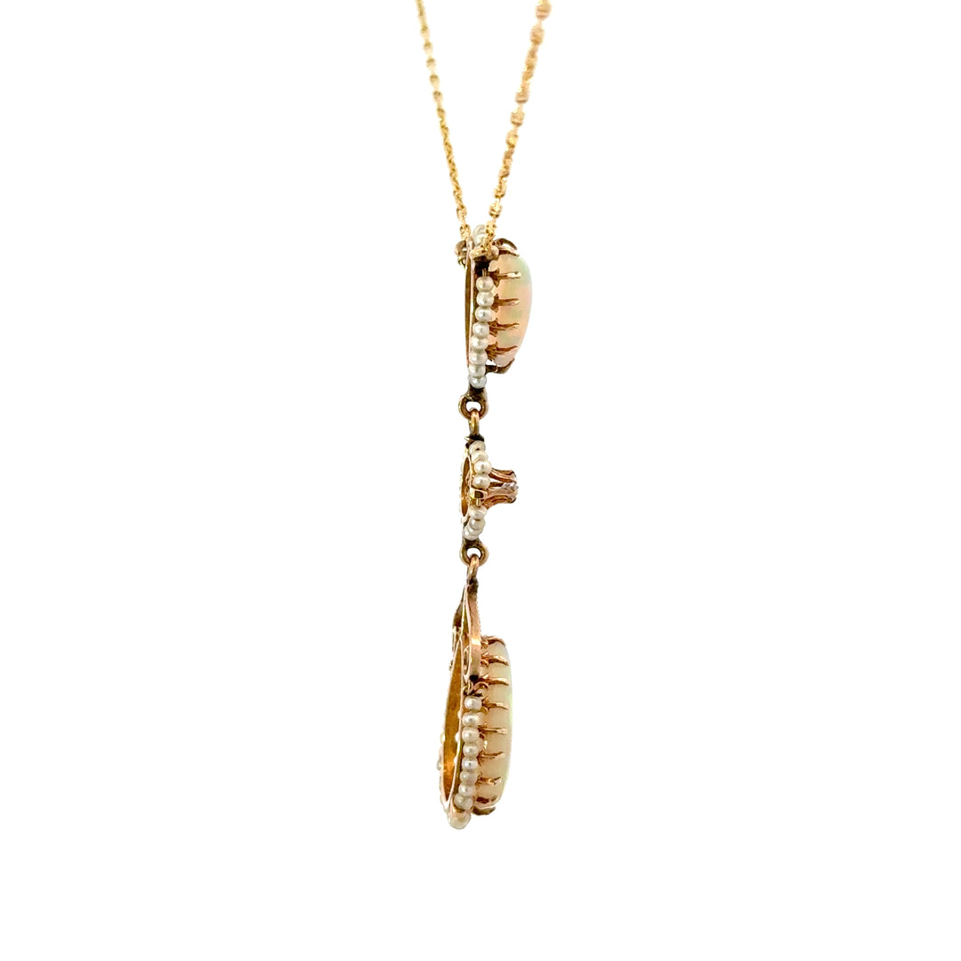 Vintage Opal, Pearl & Diamond Necklace in 10/14K Yellow Gold