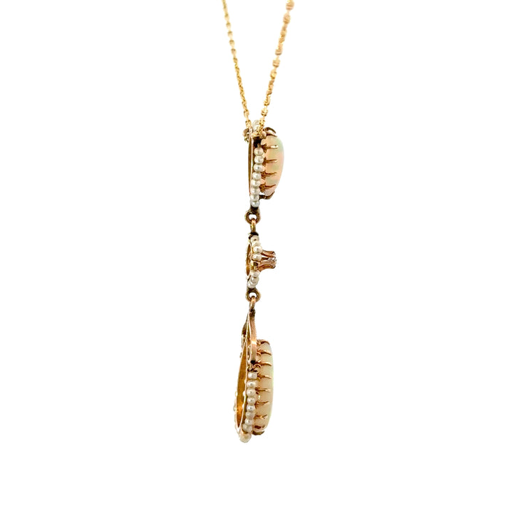 Vintage Opal, Pearl & Diamond Necklace in 10/14K Yellow Gold