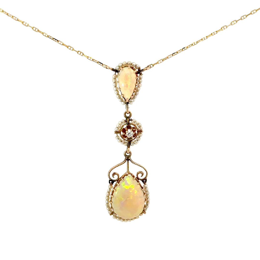 Vintage Opal, Pearl & Diamond Necklace in 10/14K Yellow Gold