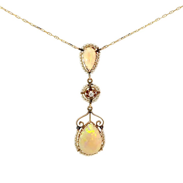 Vintage Opal, Pearl & Diamond Necklace in 10/14K Yellow Gold