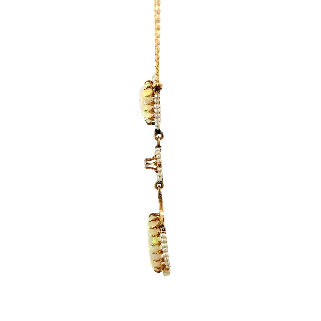 Vintage Opal, Pearl & Diamond Necklace in 10/14K Yellow Gold
