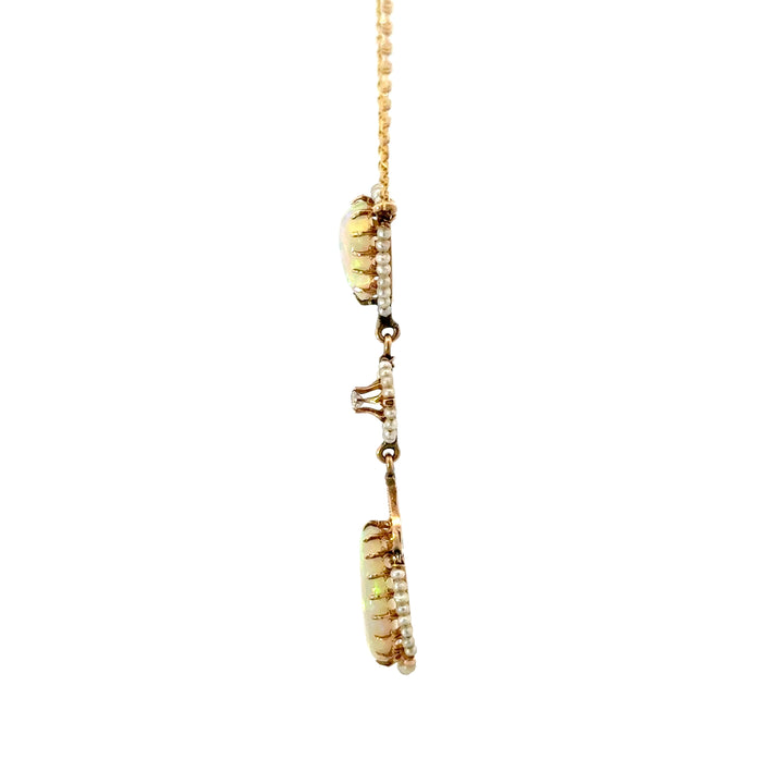 Vintage Opal, Pearl & Diamond Necklace in 10/14K Yellow Gold