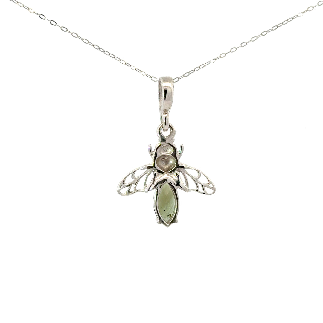 Moldavite Fairy & Bee Necklace in Sterling Silver