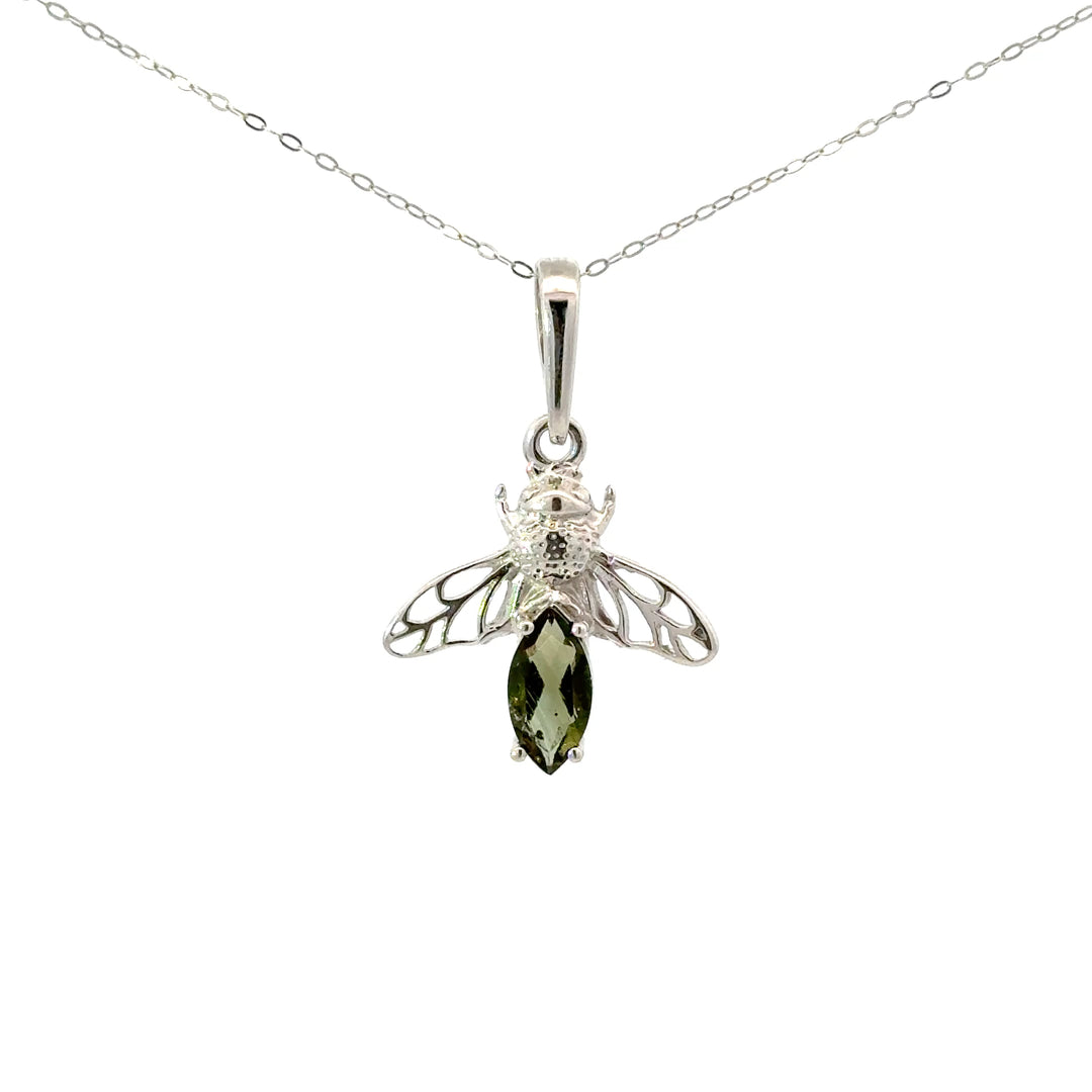 Moldavite Fairy & Bee Necklace in Sterling Silver