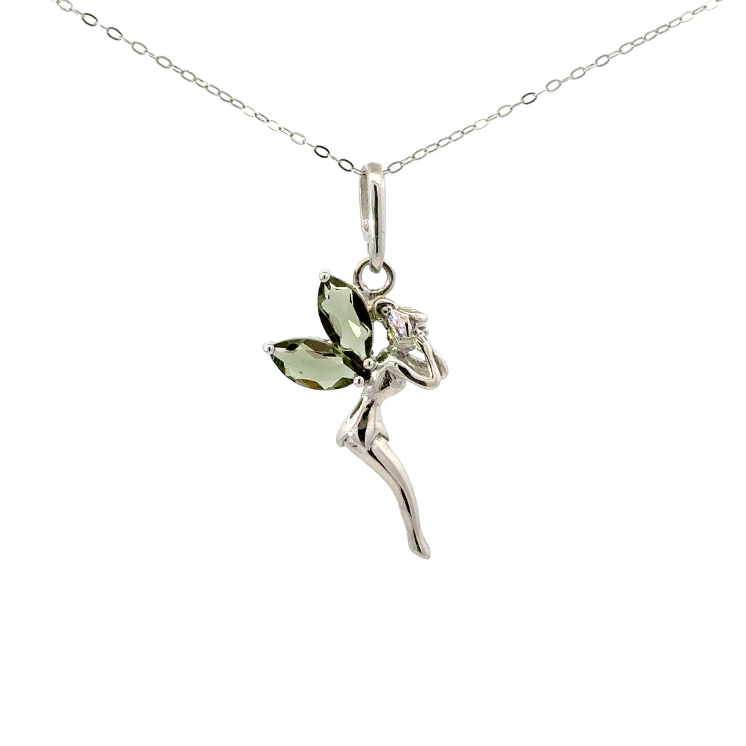 Moldavite Fairy & Bee Necklace in Sterling Silver