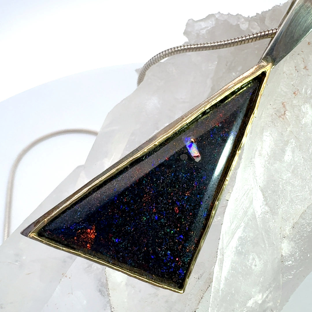 Triangle Cut Australian Fairy Opal Necklace with 18K Yellow Gold Trim in Sterling Silver