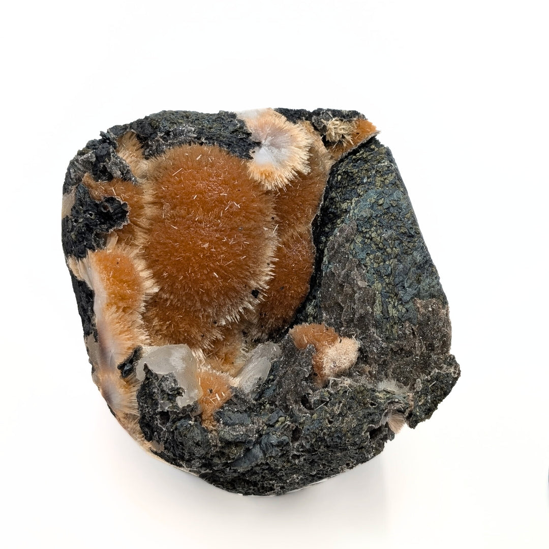 Orange Thomsonite with Mesolite, Calcite & Black Heulandite Freeform