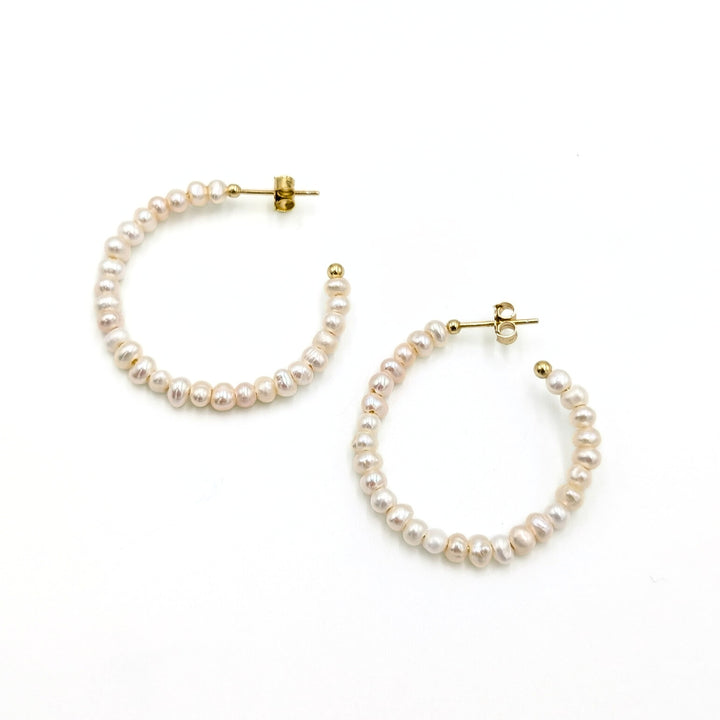 Chinese Cultured Freshwater Pearl Hoop Earrings in Gold Over Sterling Silver