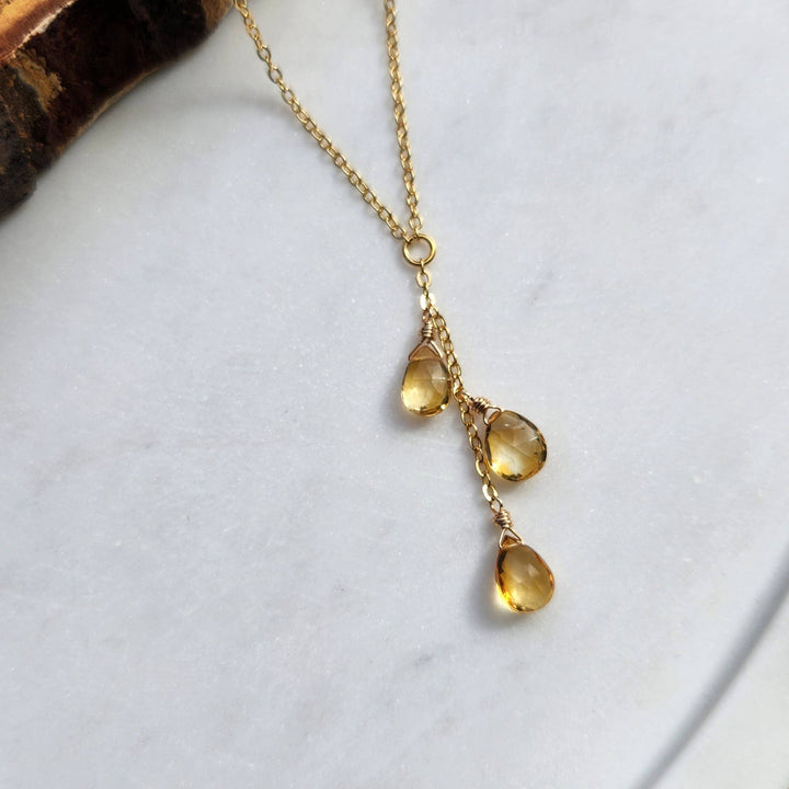 Citrine Triple Stone Y Necklace in 18K Gold Over Brass