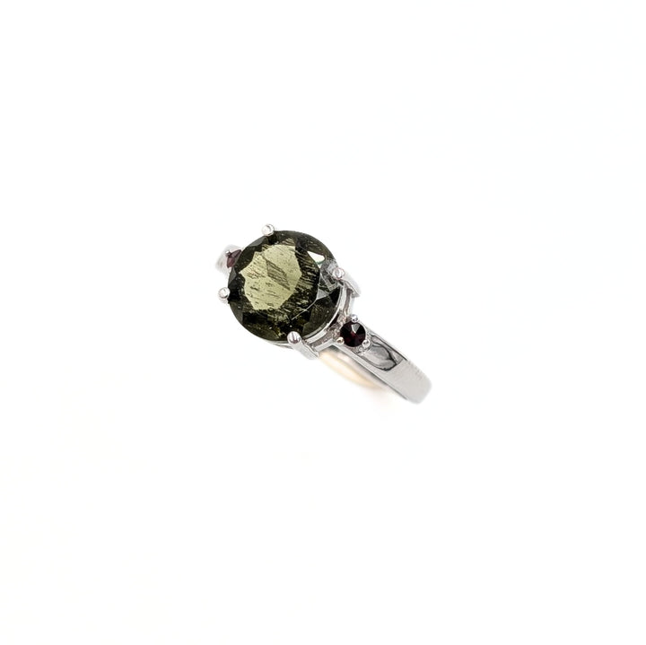 Moldavite & Garnet Ring in Sterling Silver