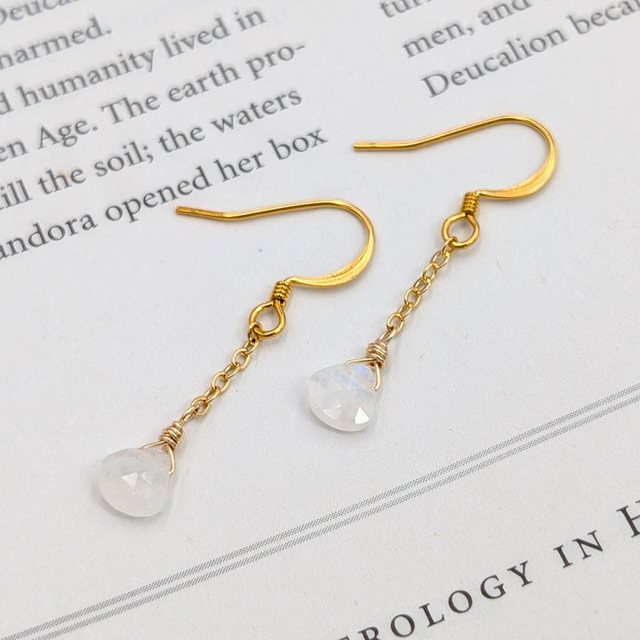 Dainty Rainbow Moonstone Chain Earrings in 18K Gold Over Brass