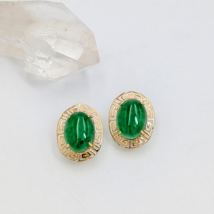 Cabochon Cut Jade Earrings in 14K Yellow Gold