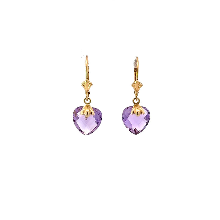 Vintage Heart-Cut Amethyst Drop Earrings in 14K Yellow Gold