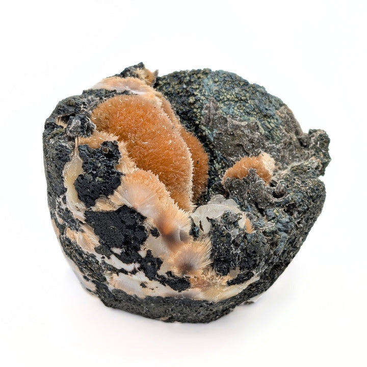 Orange Thomsonite with Mesolite, Calcite & Black Heulandite Freeform