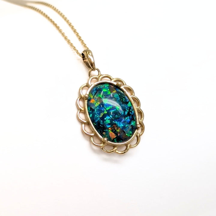 Vintage Australian Mosaic Opal Triplet Necklace in 10K Yellow Gold