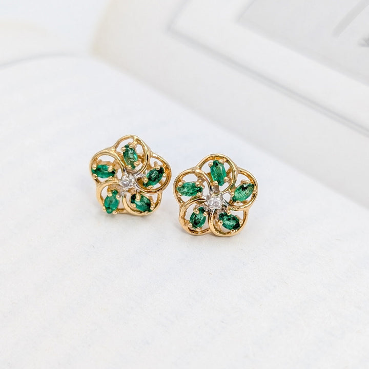 Vintage Emerald & Diamond Earrings in 14K Yellow Gold