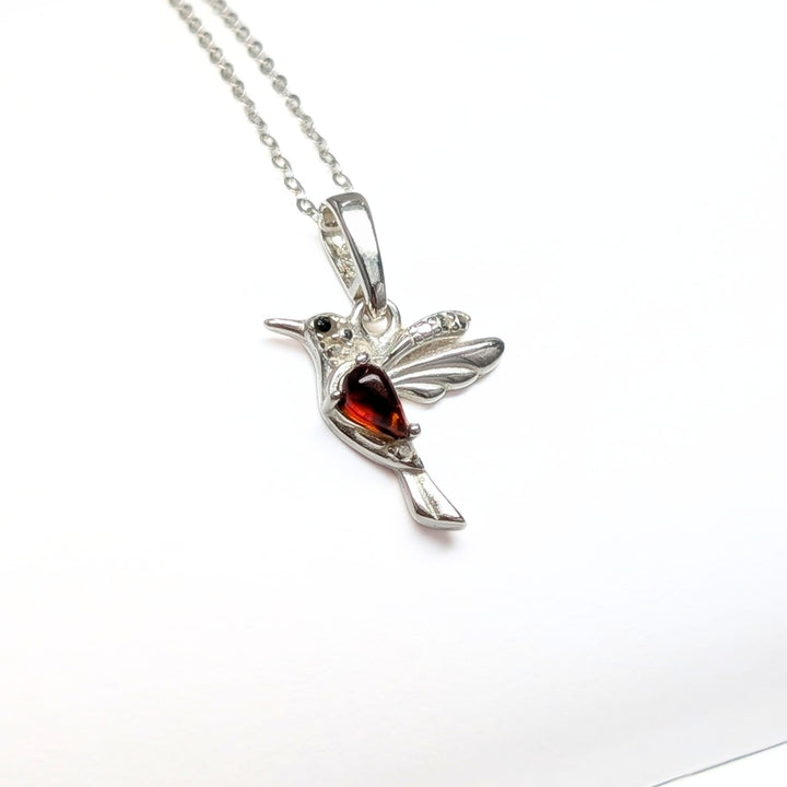 Amber Hummingbird Necklace in Sterling Silver